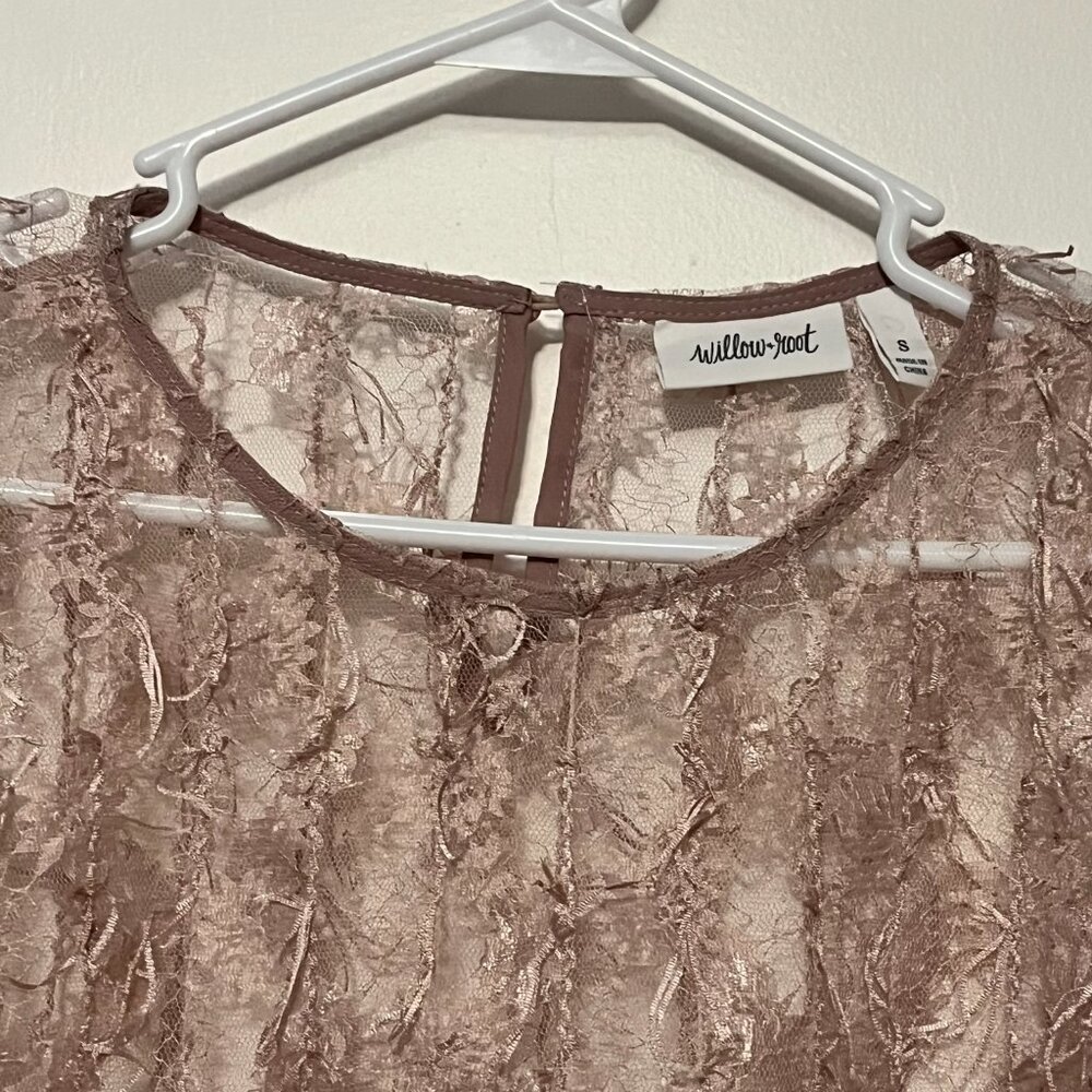 Willow & Root sheer floral lace top size small powder pink fringe detail - Picture 6 of 11